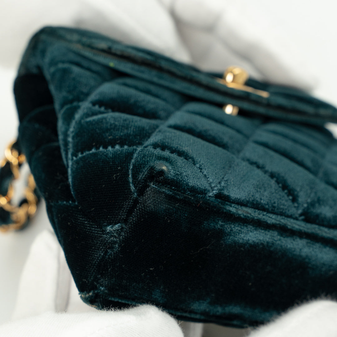 Chanel Vintage Mini Flap Bag in Green Quilted Velvet with Gold Hardware & Metallic Gold Leather Interior