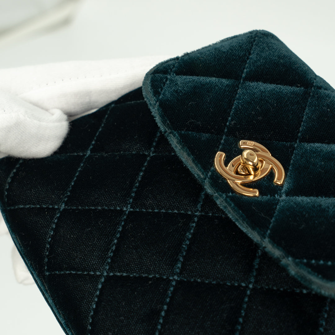 Chanel Vintage Mini Flap Bag in Green Quilted Velvet with Gold Hardware & Metallic Gold Leather Interior