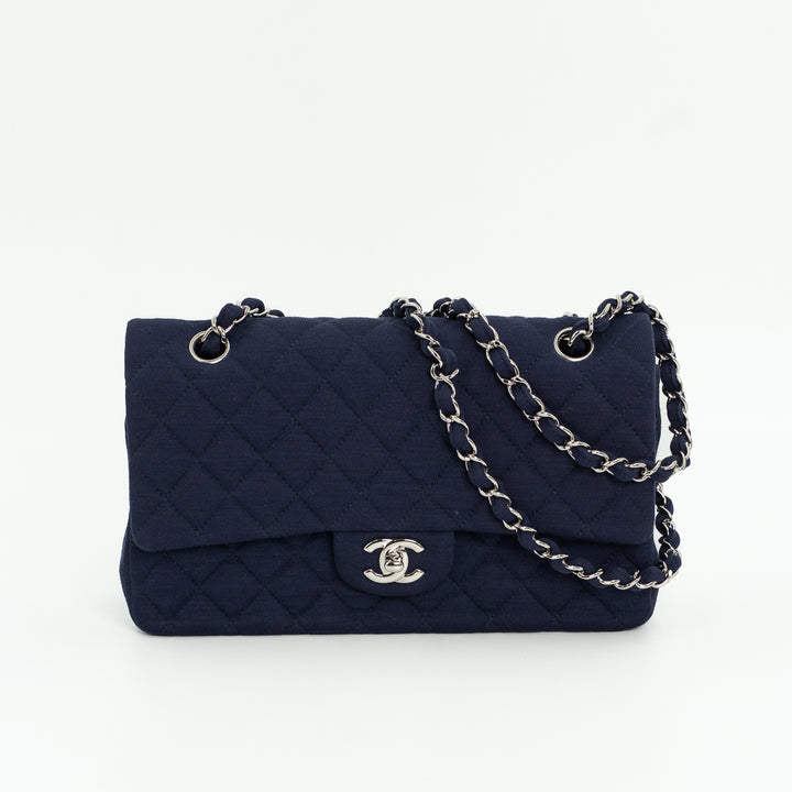Chanel Medium Classic Double Flap Bag in Navy Blue Quilted Jersey with Silver Hardware