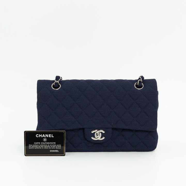 Chanel Medium Classic Double Flap Bag in Navy Blue Quilted Jersey with Silver Hardware