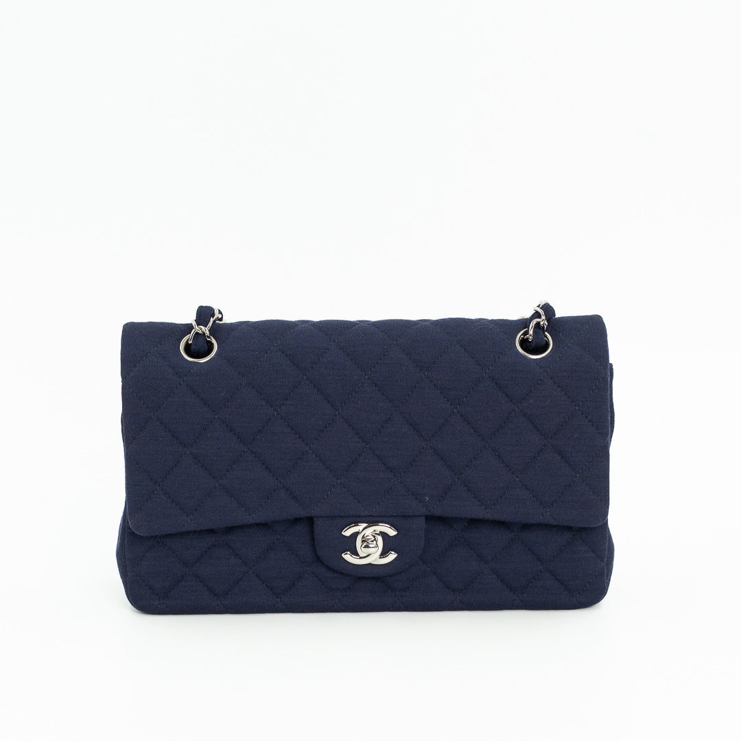 Chanel Medium Classic Double Flap Bag in Navy Blue Quilted Jersey with Silver Hardware