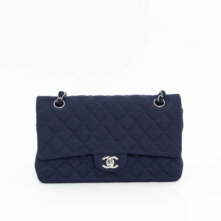 Chanel Medium Classic Double Flap Bag in Navy Blue Quilted Jersey with Silver Hardware