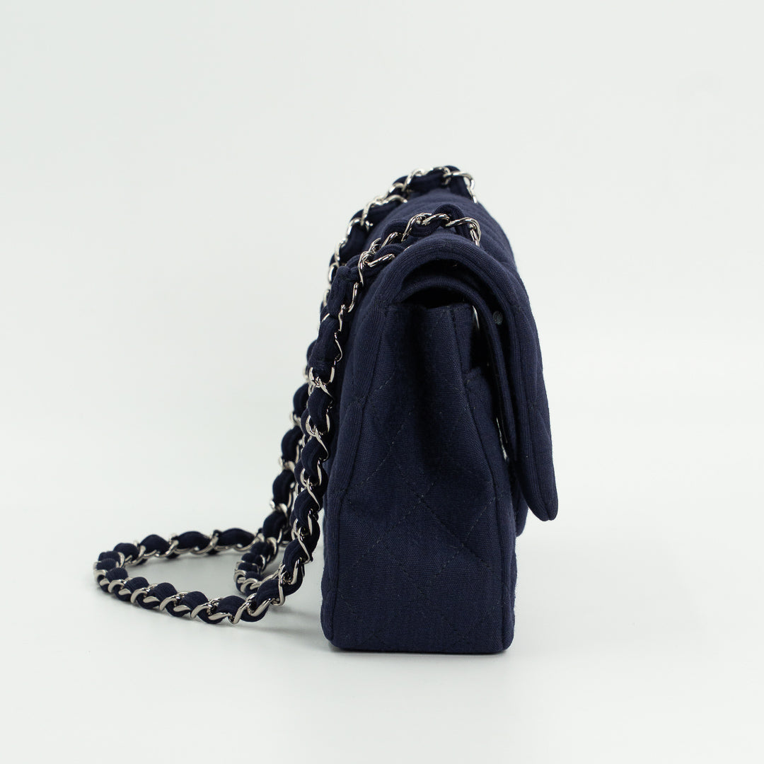 Chanel Medium Classic Double Flap Bag in Navy Blue Quilted Jersey with Silver Hardware