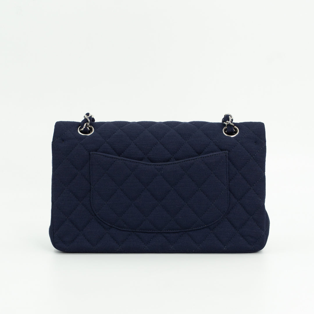 Chanel Medium Classic Double Flap Bag in Navy Blue Quilted Jersey with Silver Hardware