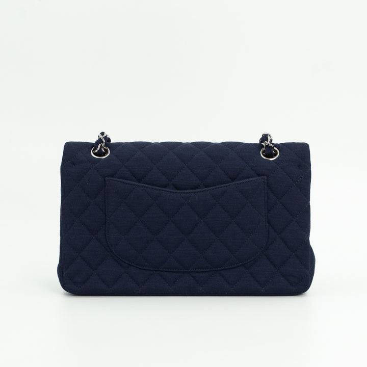 Chanel Medium Classic Double Flap Bag in Navy Blue Quilted Jersey with Silver Hardware
