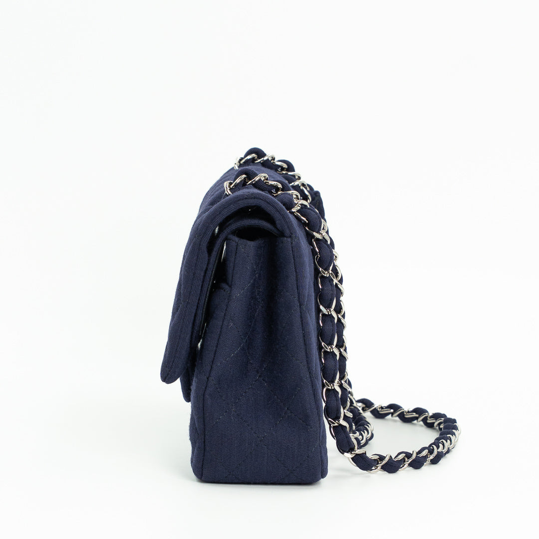 Chanel Medium Classic Double Flap Bag in Navy Blue Quilted Jersey with Silver Hardware