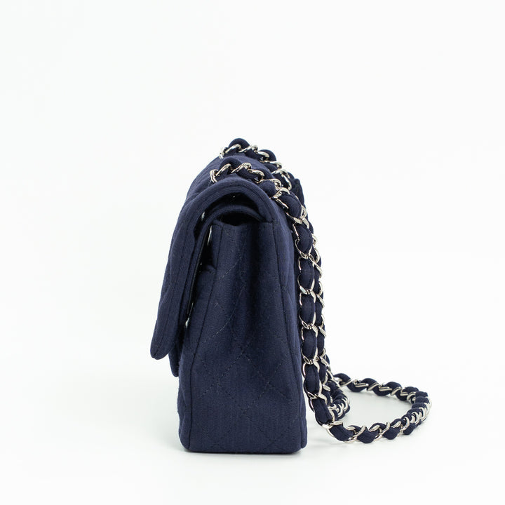 Chanel Medium Classic Double Flap Bag in Navy Blue Quilted Jersey with Silver Hardware