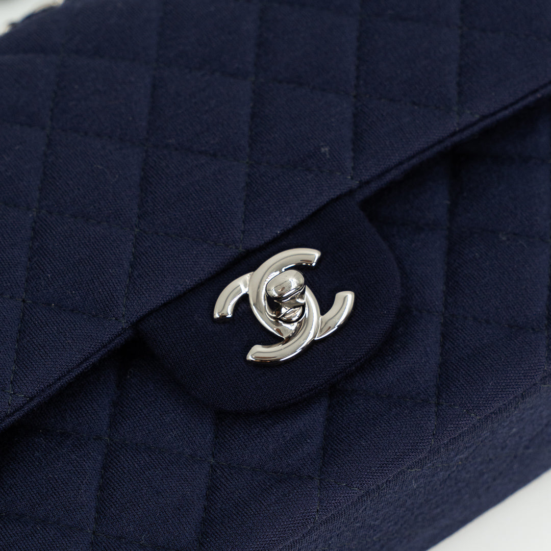 Chanel Medium Classic Double Flap Bag in Navy Blue Quilted Jersey with Silver Hardware