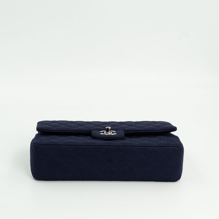 Chanel Medium Classic Double Flap Bag in Navy Blue Quilted Jersey with Silver Hardware