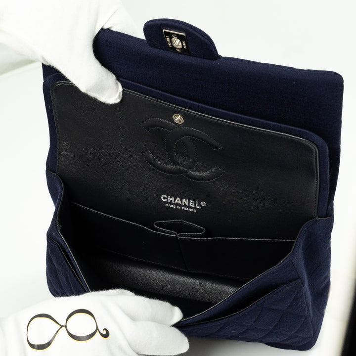 Chanel Medium Classic Double Flap Bag in Navy Blue Quilted Jersey with Silver Hardware