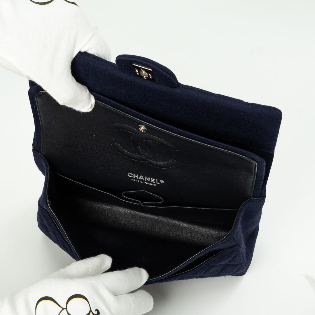 Chanel Medium Classic Double Flap Bag in Navy Blue Quilted Jersey with Silver Hardware
