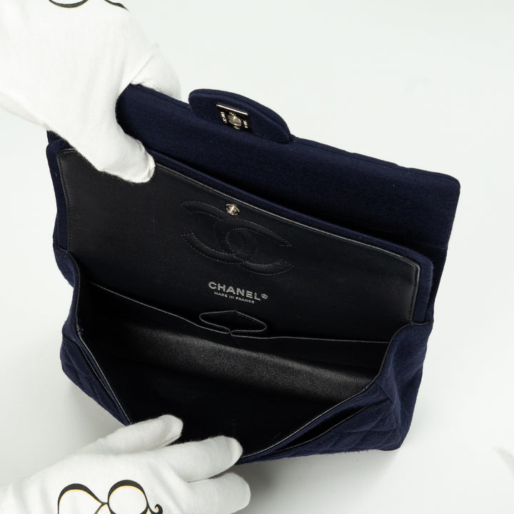 Chanel Medium Classic Double Flap Bag in Navy Blue Quilted Jersey with Silver Hardware