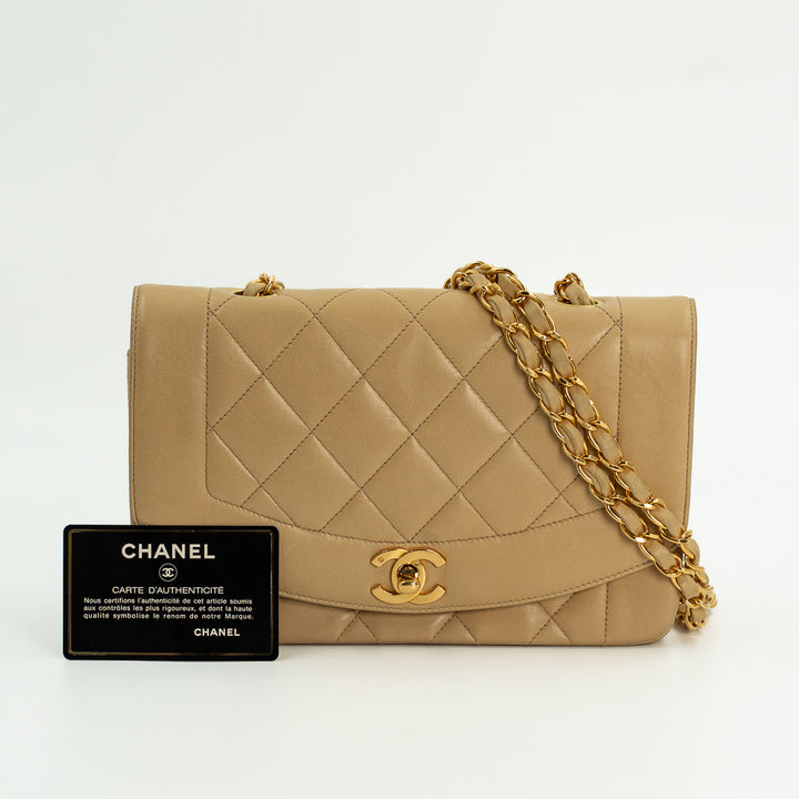 Chanel Diana Flap Bag in Beige Lambskin Leather with Gold Hardware