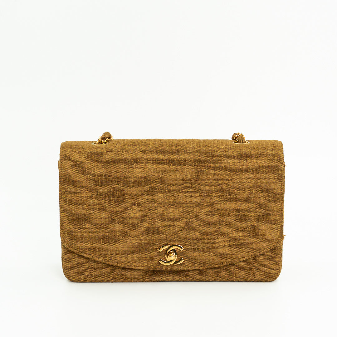 Chanel Medium Diana Flap Bag in Mustard Yellow Quilted Linen with Gold Hardware