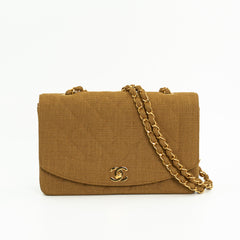 Chanel Medium Diana Flap Bag in Mustard Yellow Quilted Linen with Gold Hardware
