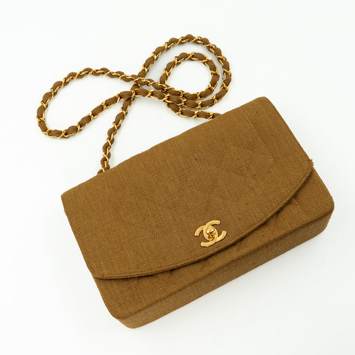 Chanel Medium Diana Flap Bag in Mustard Yellow Quilted Linen with Gold Hardware
