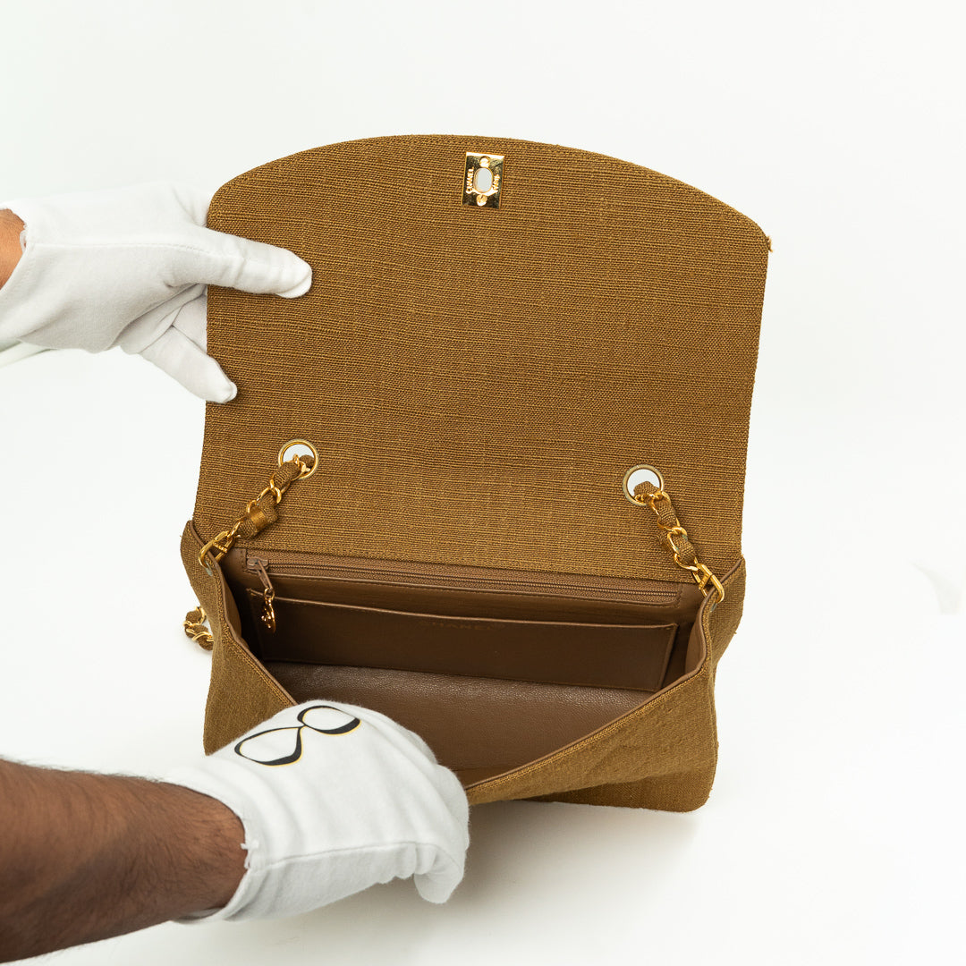 Chanel Medium Diana Flap Bag in Mustard Yellow Quilted Linen with Gold Hardware