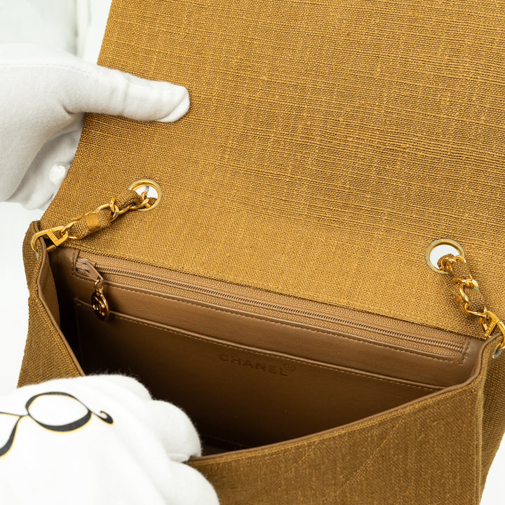 Chanel Medium Diana Flap Bag in Mustard Yellow Quilted Linen with Gold Hardware