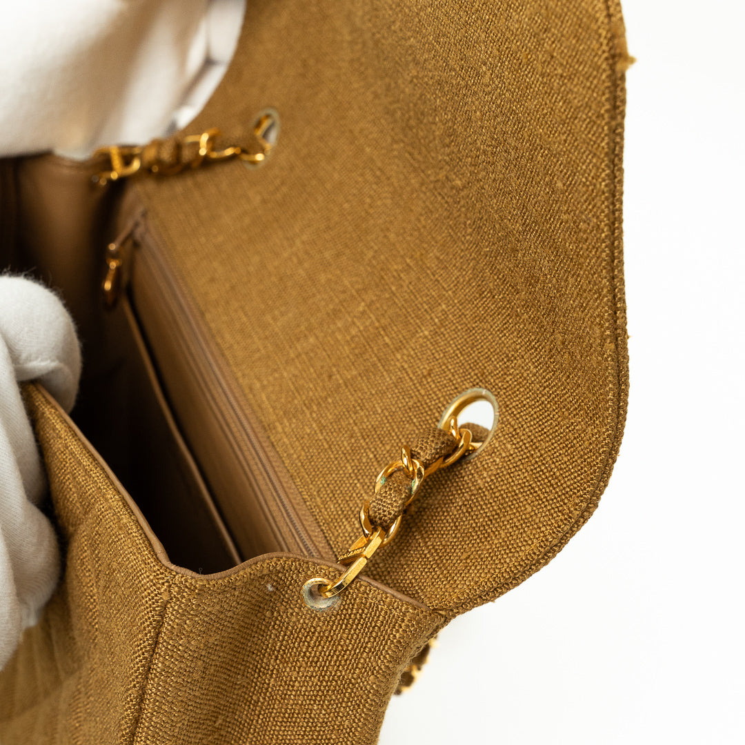 Chanel Medium Diana Flap Bag in Mustard Yellow Quilted Linen with Gold Hardware