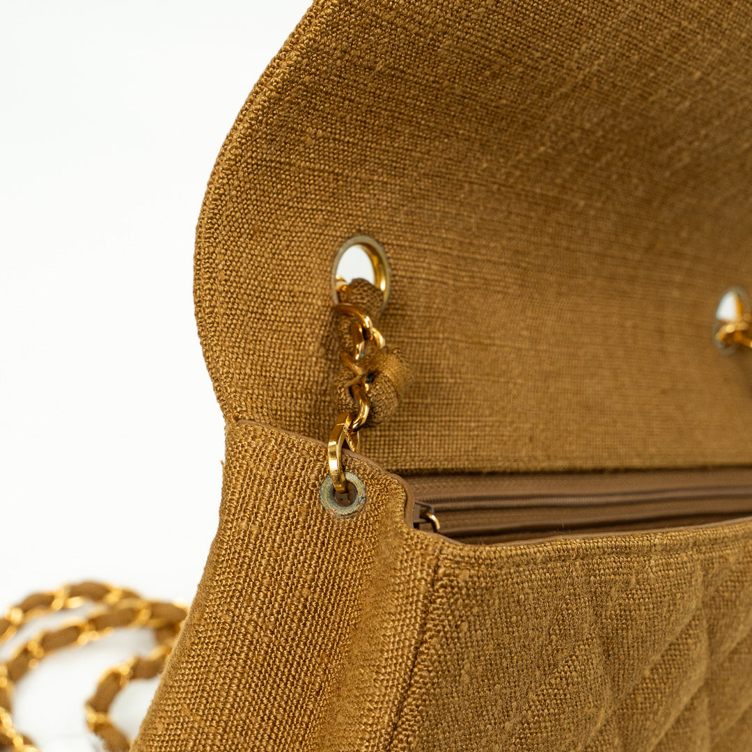 Chanel Medium Diana Flap Bag in Mustard Yellow Quilted Linen with Gold Hardware