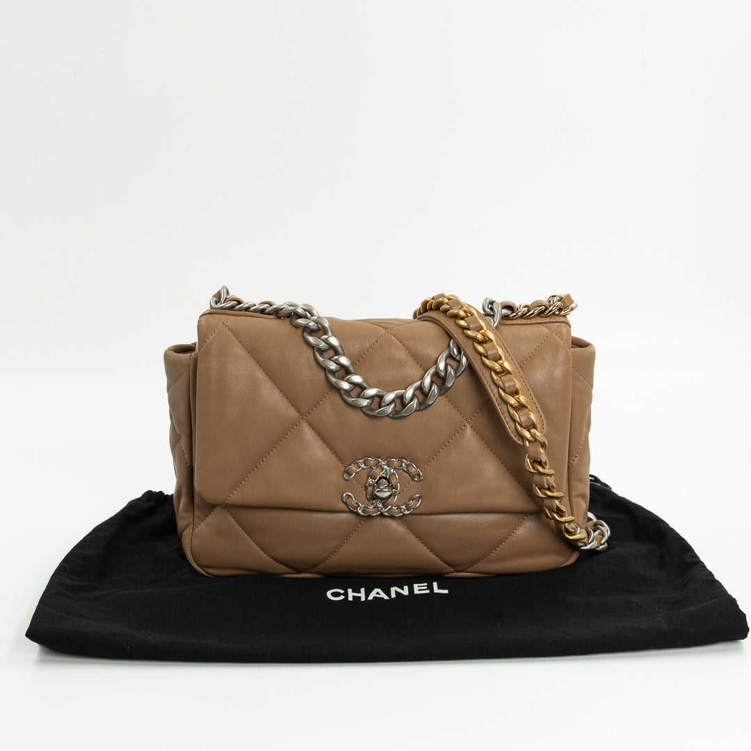 Chanel Medium Chanel 19 Flap Bag in Dark Beige Quilted Lambskin Leather with Mixed Metal Hardware