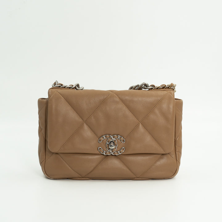 Chanel Medium Chanel 19 Flap Bag in Dark Beige Quilted Lambskin Leather with Mixed Metal Hardware