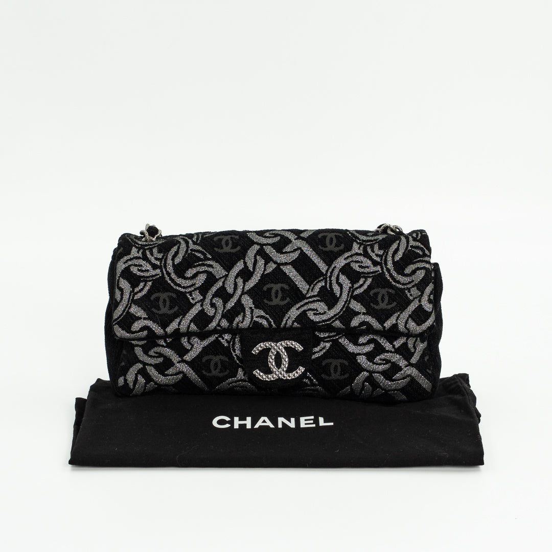 Chanel Cruise Collection Chain Flap Bag in Black & Silver Tweed with Silver Hardware