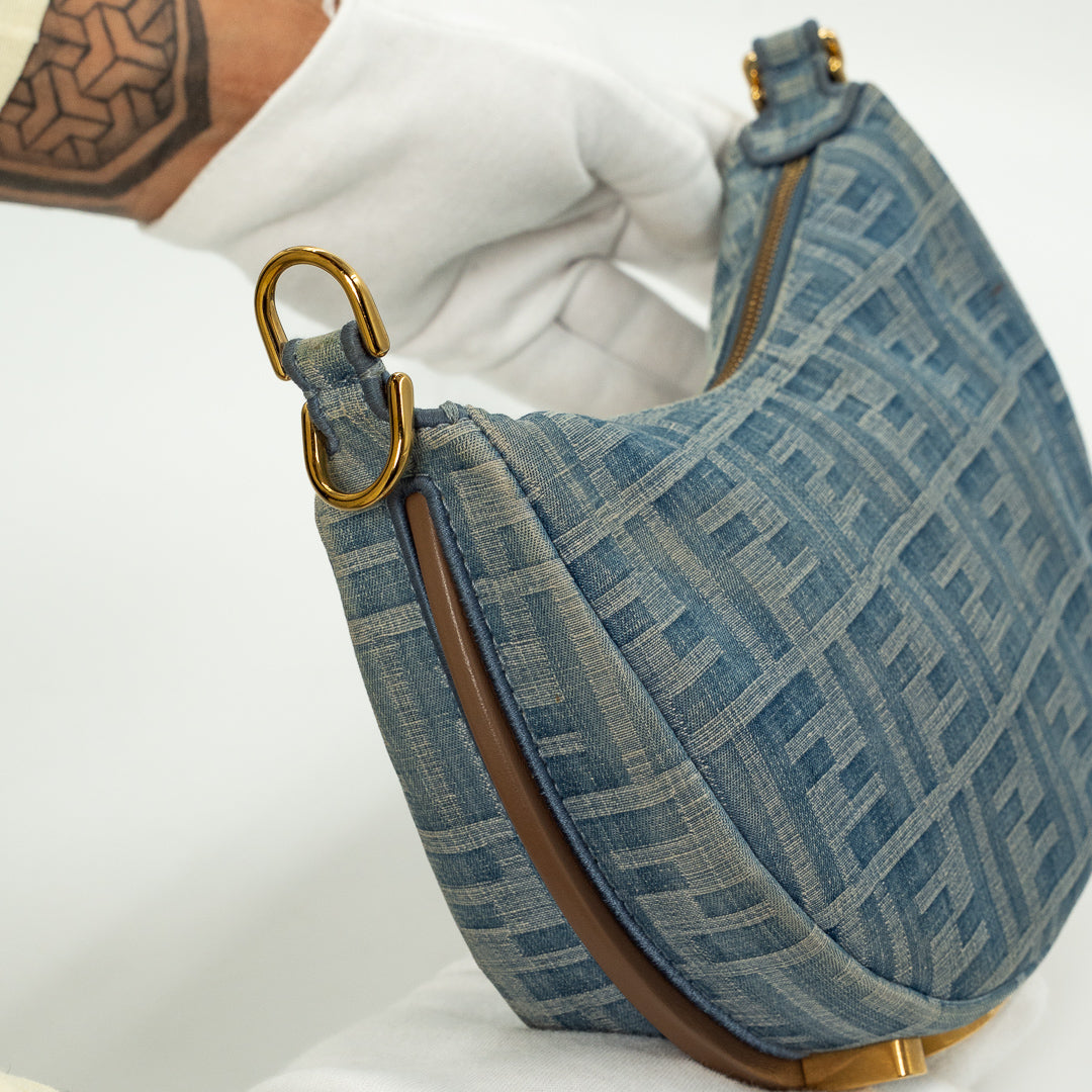 Fendi Mini Fendigraphy Hobo Bag in FF Denim Jacquard with Vintage Gold-Finish Hardware