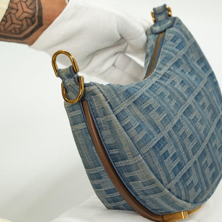 Fendi Mini Fendigraphy Hobo Bag in FF Denim Jacquard with Vintage Gold-Finish Hardware