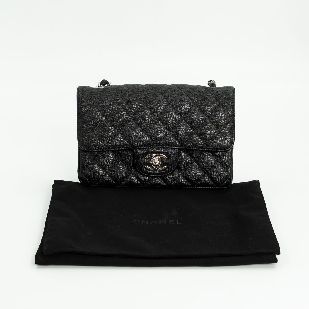 Chanel Mini Classic Single Flap Bag in Black Quilted Caviar Leather with Silver Hardware