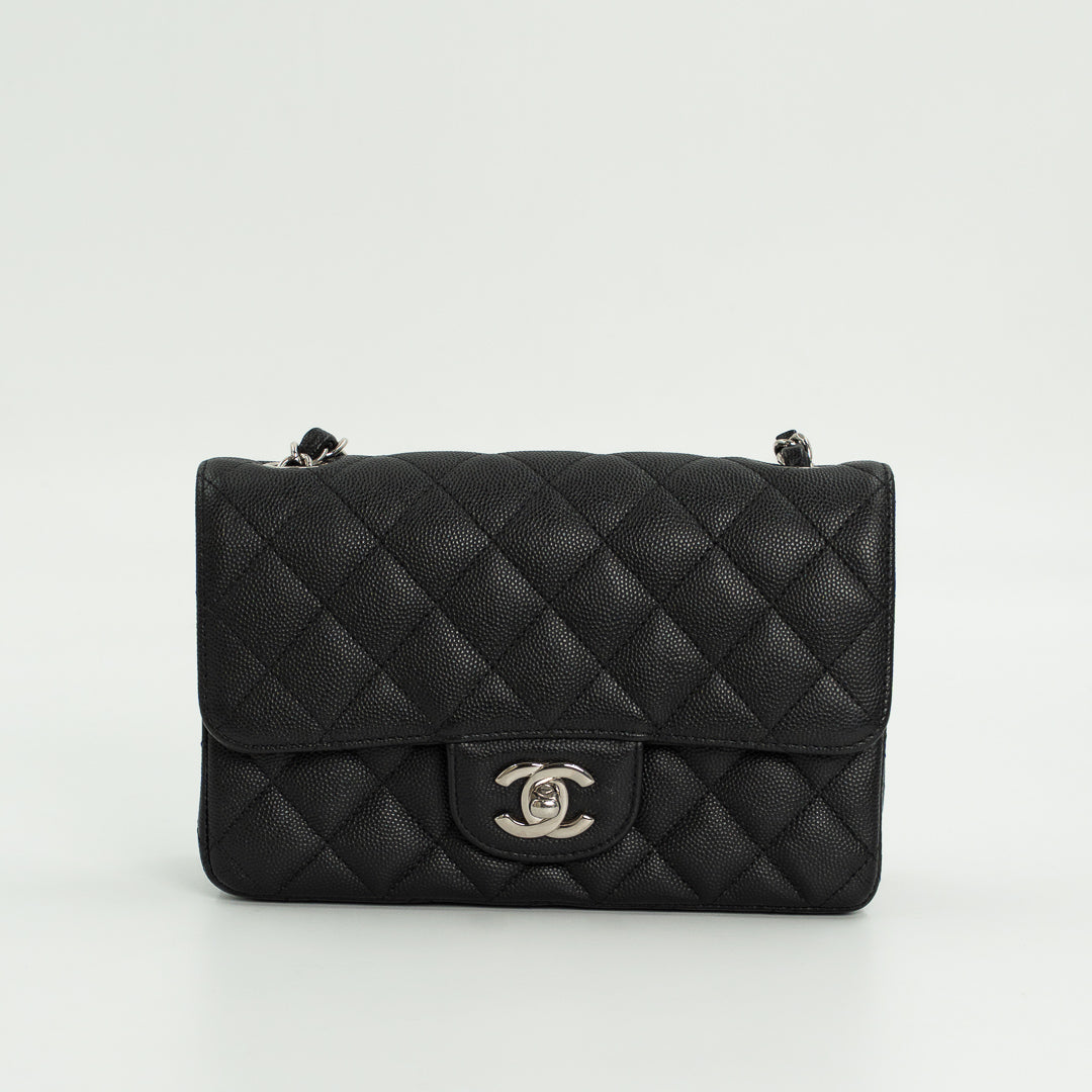 Chanel Mini Classic Single Flap Bag in Black Quilted Caviar Leather with Silver Hardware