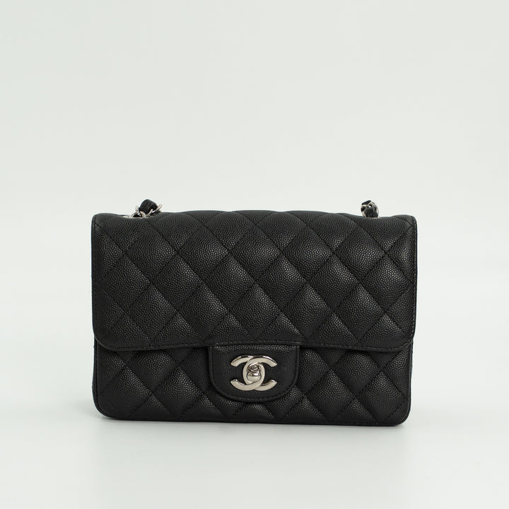 Chanel Mini Classic Single Flap Bag in Black Quilted Caviar Leather with Silver Hardware