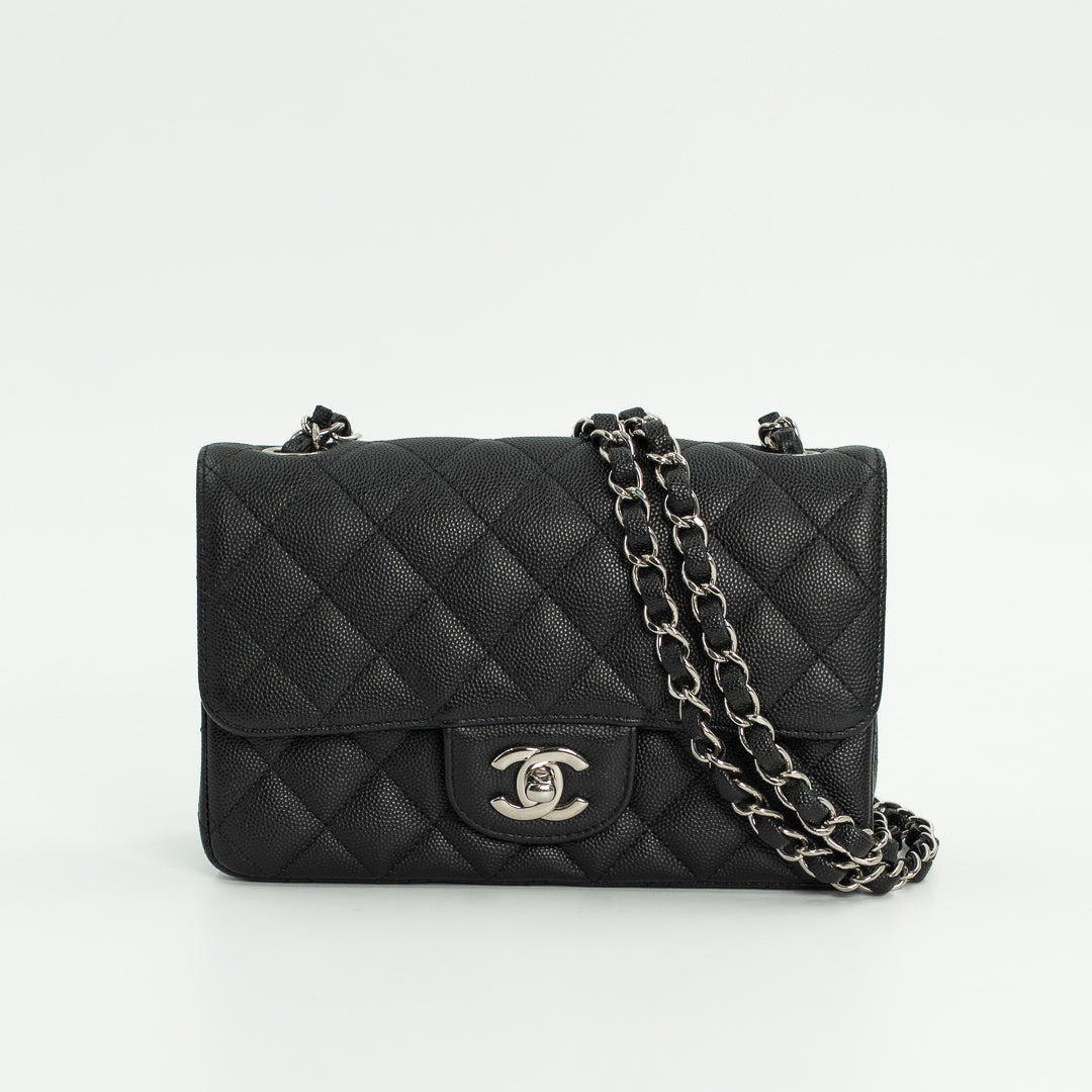 Chanel Mini Classic Single Flap Bag in Black Quilted Caviar Leather with Silver Hardware