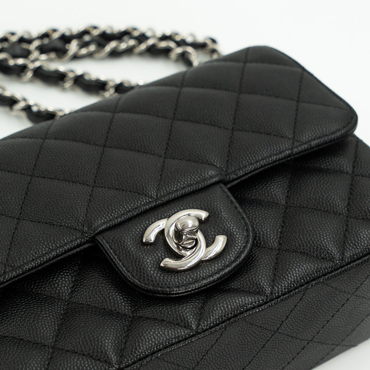 Chanel Mini Classic Single Flap Bag in Black Quilted Caviar Leather with Silver Hardware