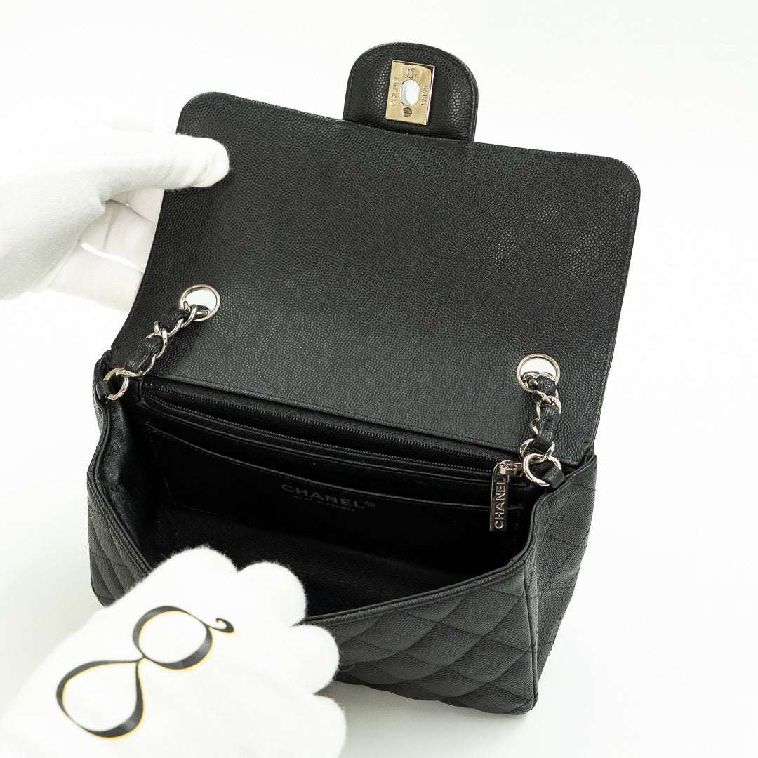 Chanel Mini Classic Single Flap Bag in Black Quilted Caviar Leather with Silver Hardware