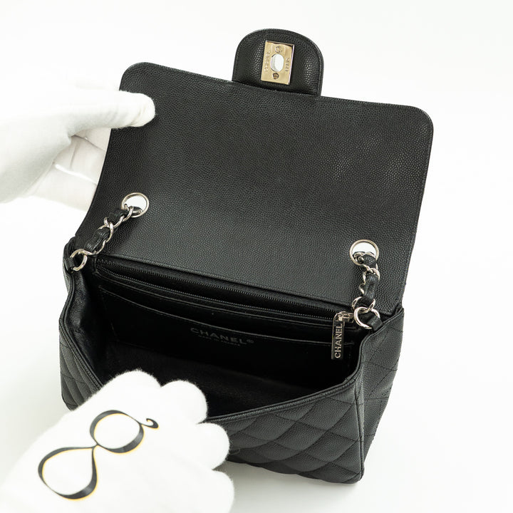 Chanel Mini Classic Single Flap Bag in Black Quilted Caviar Leather with Silver Hardware