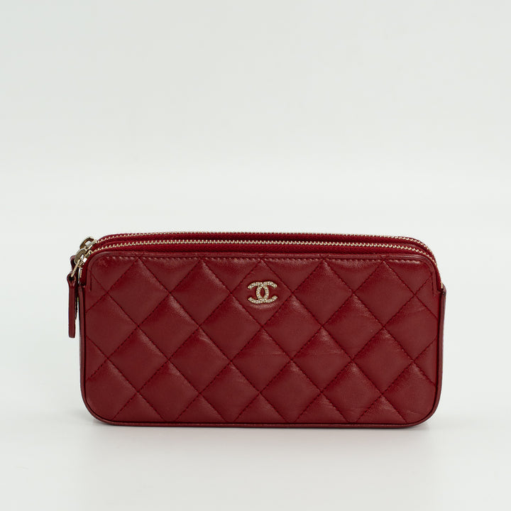 Chanel Double Zip Clutch with Chain in Red Quilted Leather with Pearl CC Logo