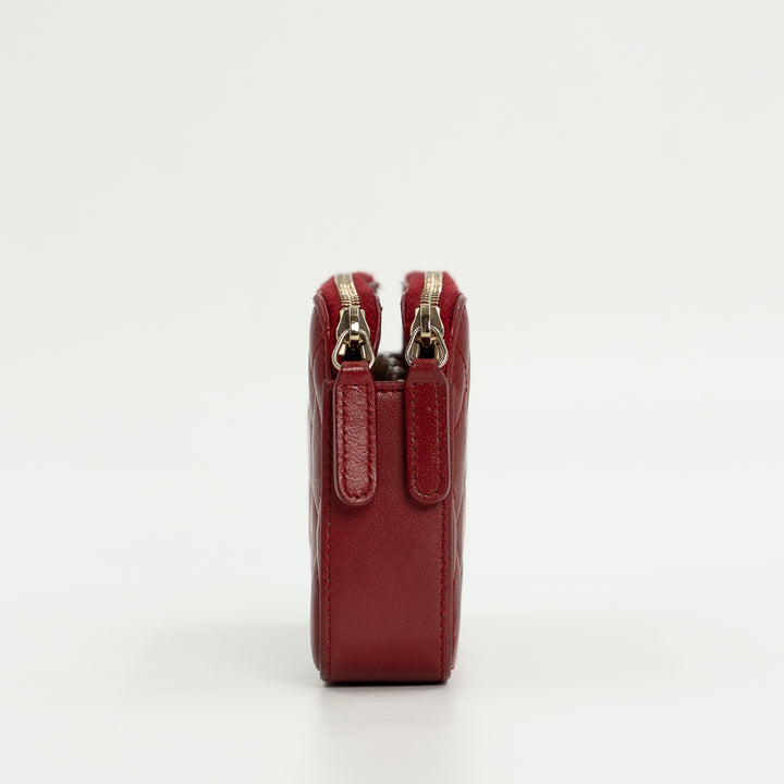 Chanel Double Zip Clutch with Chain in Red Quilted Leather with Pearl CC Logo