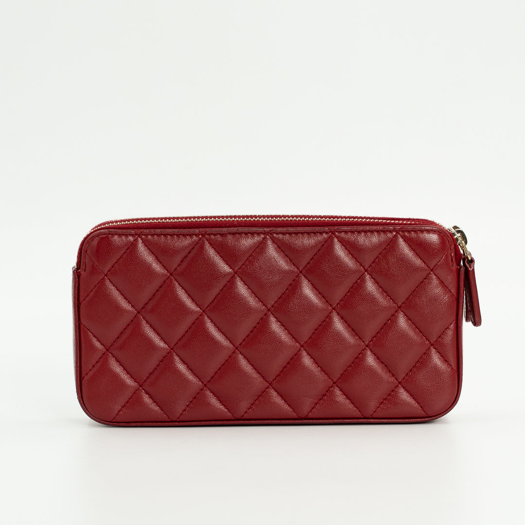 Chanel Double Zip Clutch with Chain in Red Quilted Leather with Pearl CC Logo
