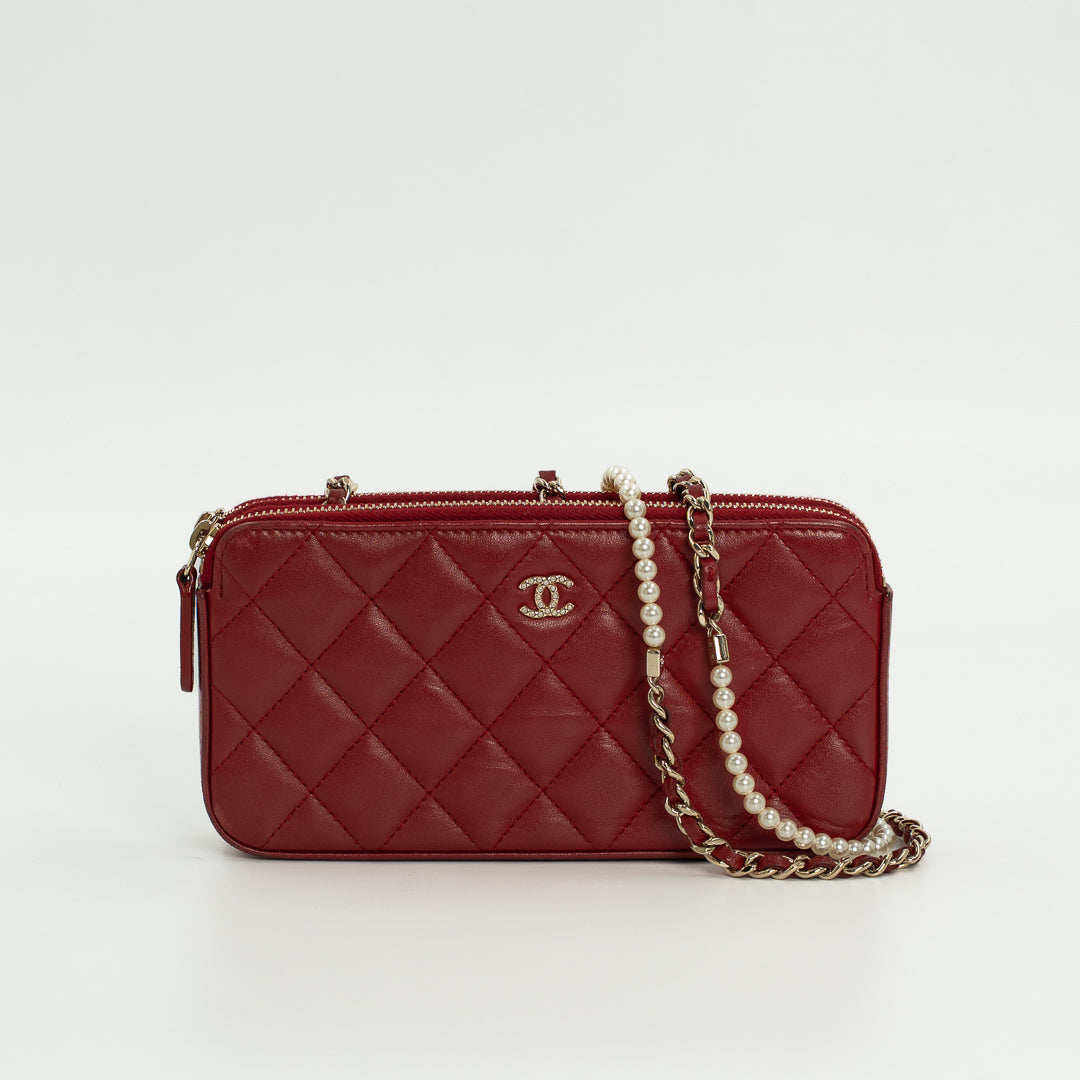 Chanel Double Zip Clutch with Chain in Red Quilted Leather with Pearl CC Logo