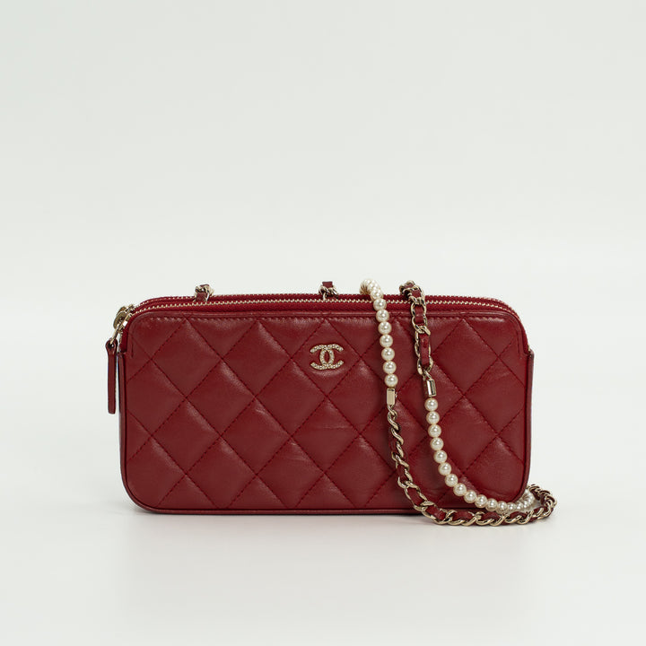Chanel Double Zip Clutch with Chain in Red Quilted Leather with Pearl CC Logo