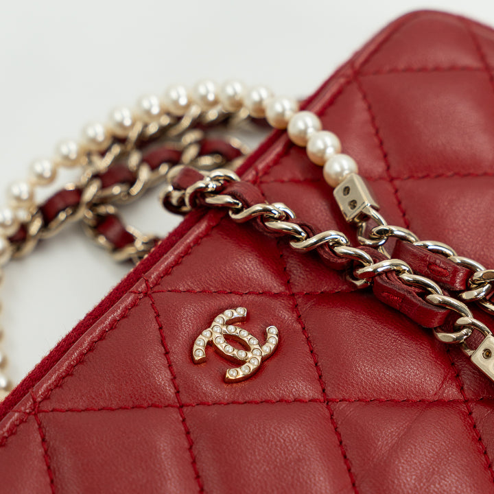 Chanel Double Zip Clutch with Chain in Red Quilted Leather with Pearl CC Logo