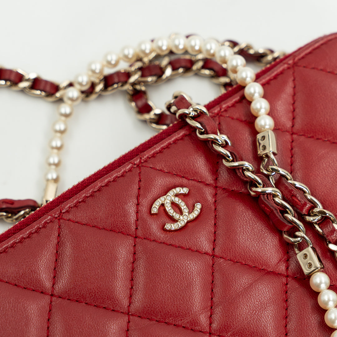 Chanel Double Zip Clutch with Chain in Red Quilted Leather with Pearl CC Logo