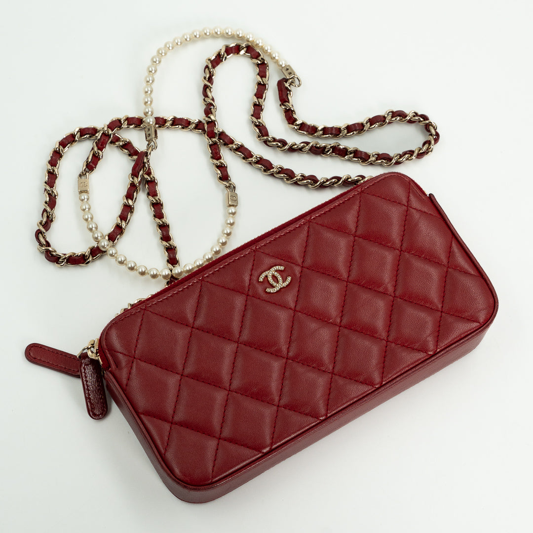 Chanel Double Zip Clutch with Chain in Red Quilted Leather with Pearl CC Logo