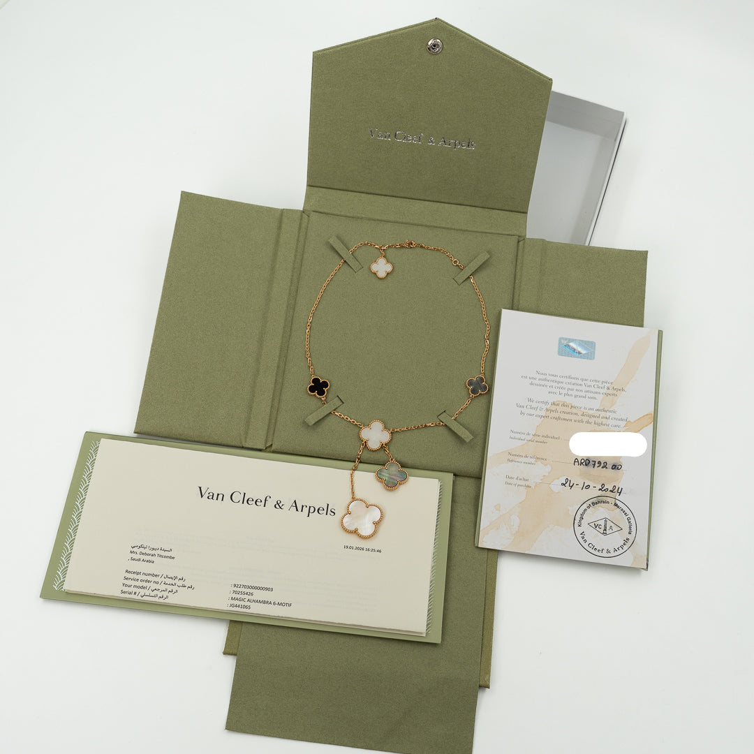 Van Cleef & Arpels Magic Alhambra 6 Motifs Necklace in 18K Yellow Gold with Mother of Pearl & Onyx