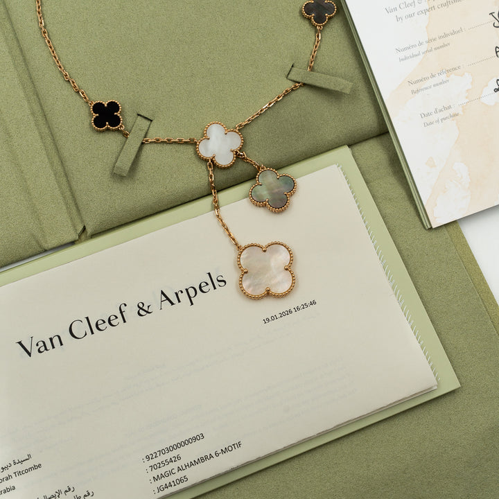 Van Cleef & Arpels Magic Alhambra 6 Motifs Necklace in 18K Yellow Gold with Mother of Pearl & Onyx