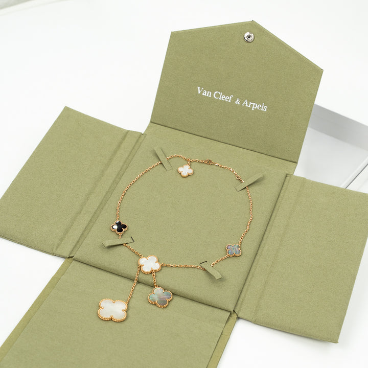Van Cleef & Arpels Magic Alhambra 6 Motifs Necklace in 18K Yellow Gold with Mother of Pearl & Onyx