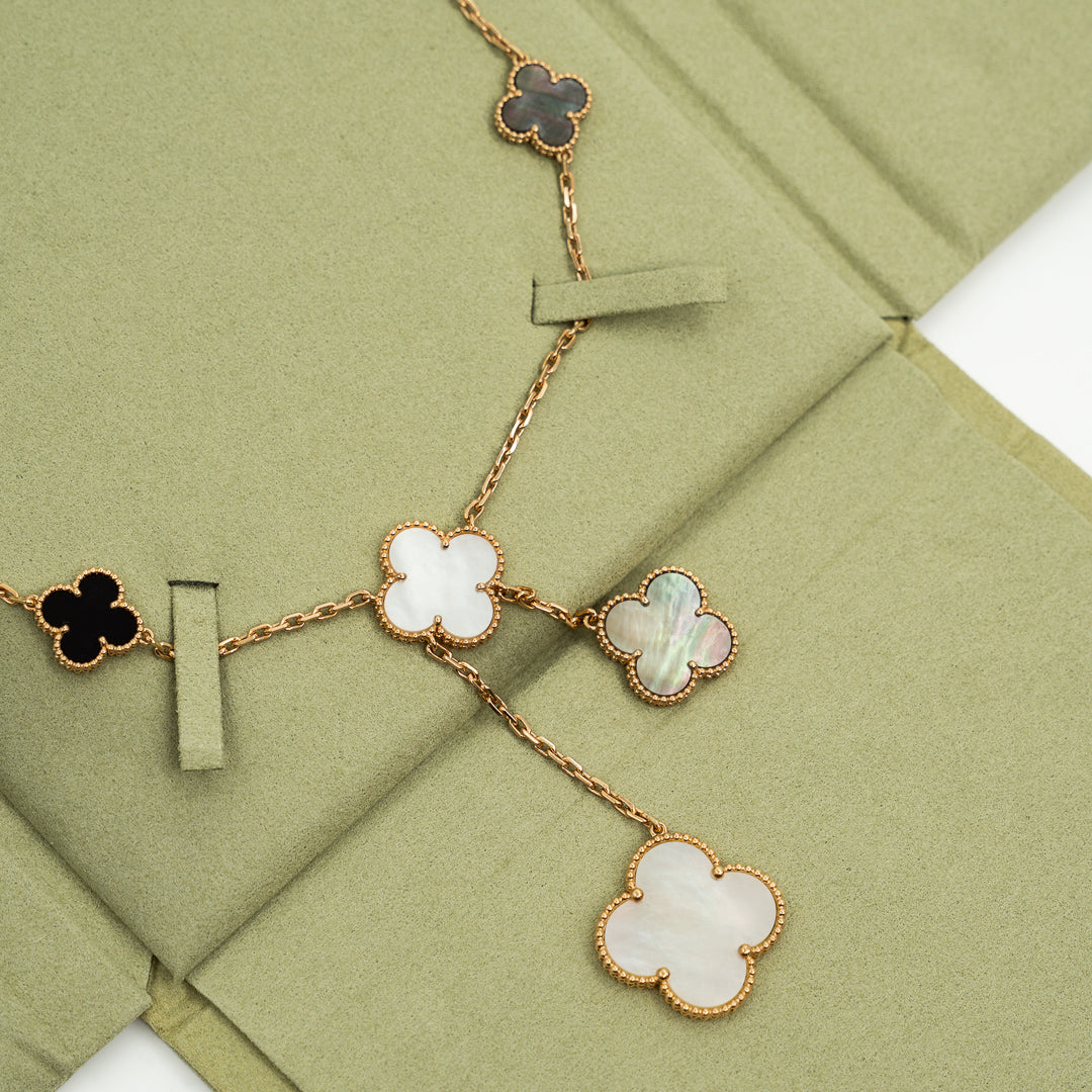 Van Cleef & Arpels Magic Alhambra 6 Motifs Necklace in 18K Yellow Gold with Mother of Pearl & Onyx
