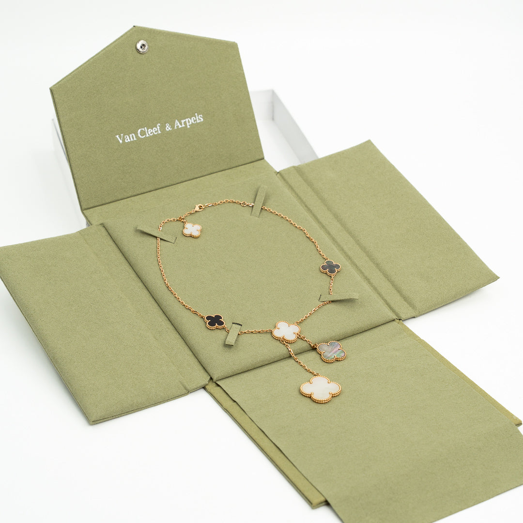Van Cleef & Arpels Magic Alhambra 6 Motifs Necklace in 18K Yellow Gold with Mother of Pearl & Onyx