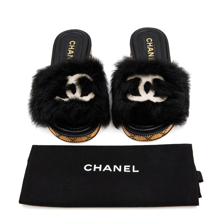Chanel Coco Mark Black Fur & Leather Slide Sandals with White CC Logo
